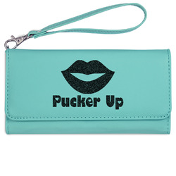 Lips (Pucker Up) Ladies Leatherette Wallet - Laser Engraved- Teal