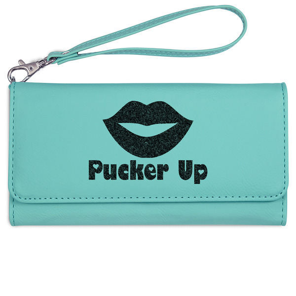 Custom Lips (Pucker Up) Ladies Leatherette Wallet - Laser Engraved- Teal