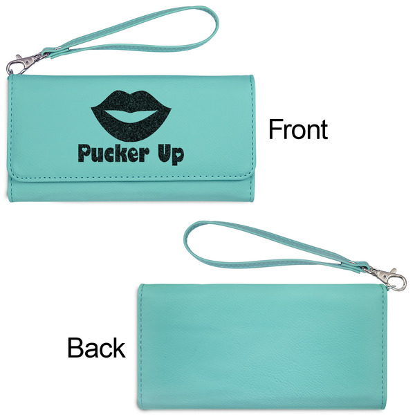 Lips (Pucker Up) Ladies Wallets - Faux Leather - Teal - Front & Back View