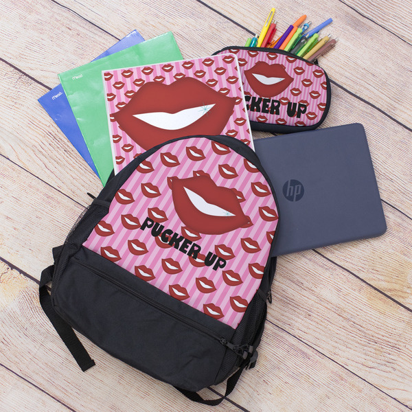 Lips (Pucker Up) Large Backpack - Black - With Stuff