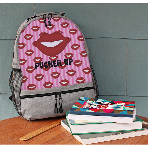 Lips (Pucker Up) Large Backpack - Gray - On Desk