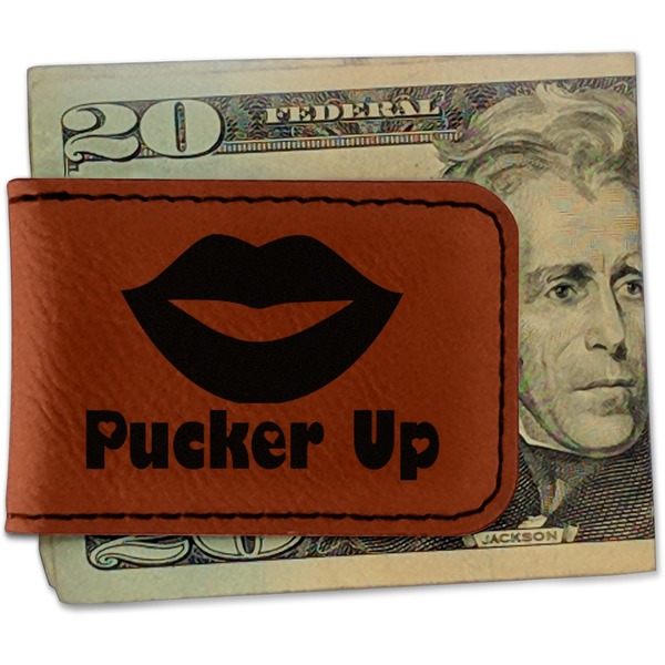 Custom Lips (Pucker Up) Leatherette Magnetic Money Clip - Double Sided