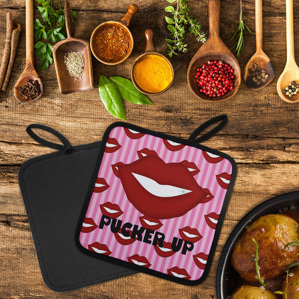 Lips (Pucker Up) Neoprene Pot Holder - Set of 2  LIFESTYLE (Flatlay)