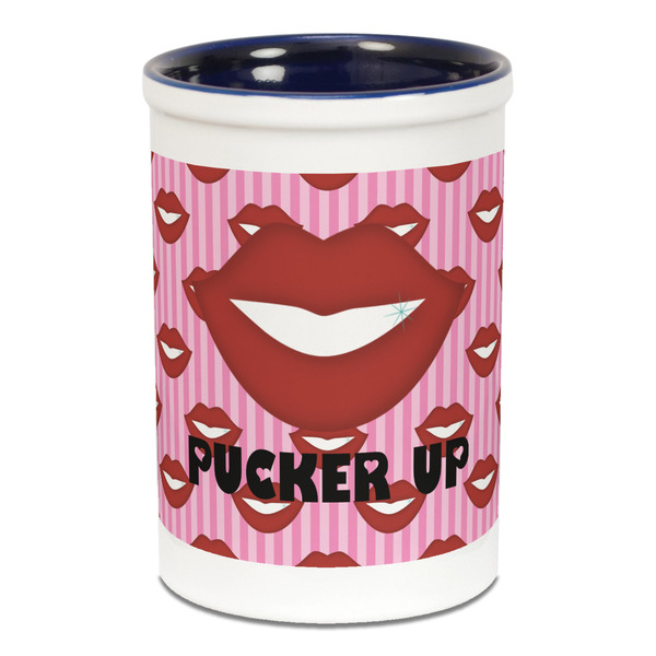 Custom Lips (Pucker Up) Ceramic Pencil Holders - Blue