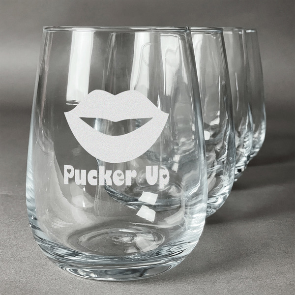 Custom Lips (Pucker Up) Stemless Wine Glasses (Set of 4)