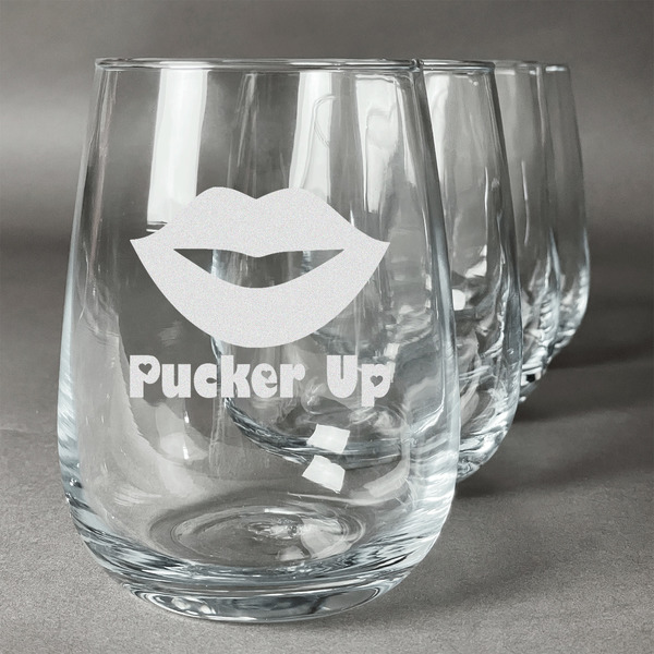 Custom Lips (Pucker Up) Stemless Wine Glasses (Set of 4)