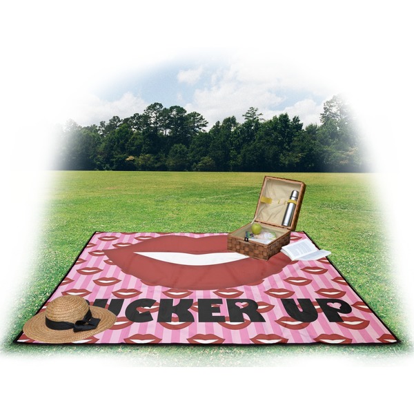 Lips (Pucker Up) Picnic Blanket - with Basket Hat and Book - in Use