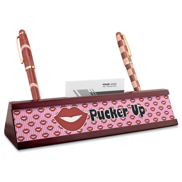Custom Lips (Pucker Up) Red Mahogany Nameplate with Business Card Holder