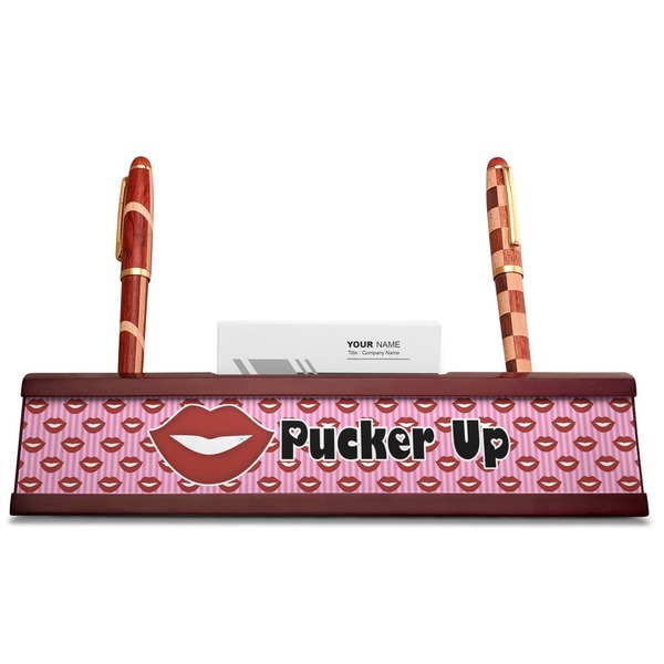 Lips (Pucker Up) Red Mahogany Nameplates with Business Card Holder - Straight