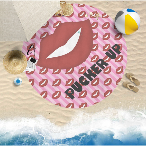 Lips (Pucker Up) Round Beach Towel Lifestyle