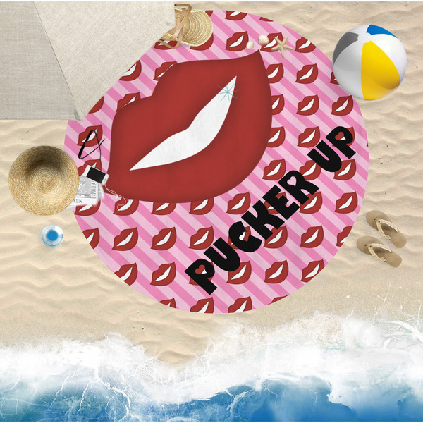 Lips (Pucker Up) Round Beach Towel Lifestyle