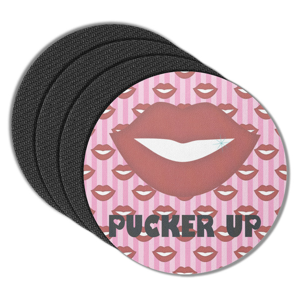 Custom Lips (Pucker Up) Round Rubber Backed Coasters - Set of 4