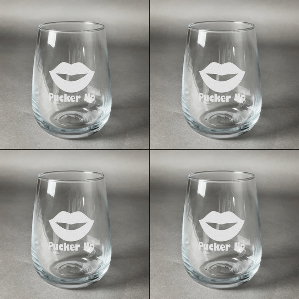 Lips (Pucker Up)  Set of Four Personalized Stemless Wineglasses (Approval)