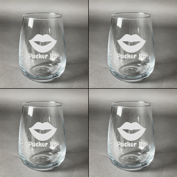 Lips (Pucker Up)  Set of Four Personalized Stemless Wineglasses (Approval)