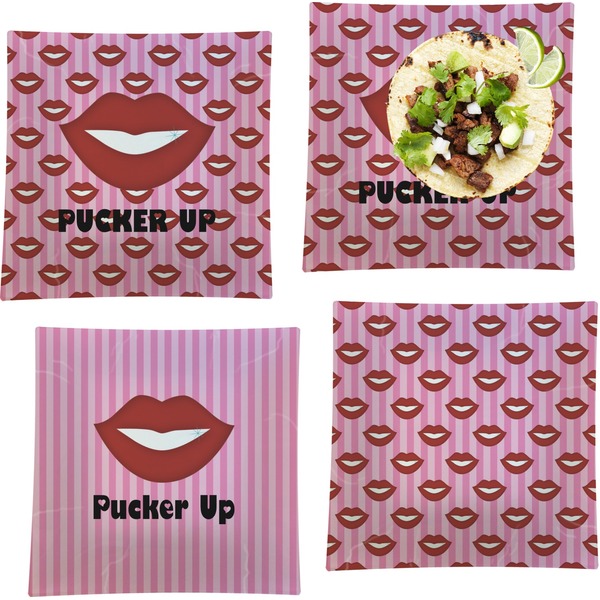 Custom Lips (Pucker Up) Set of 4 Glass Square Lunch / Dinner Plate 9.5"