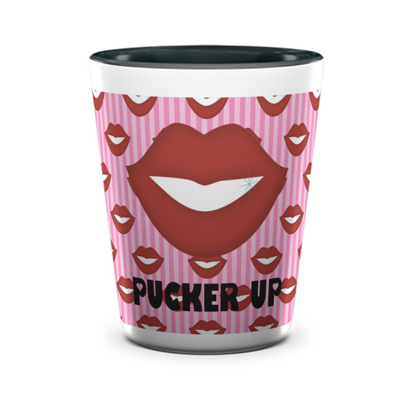 Custom Lips (Pucker Up) Ceramic Shot Glass - 1.5 oz - Two Tone - Set of 4