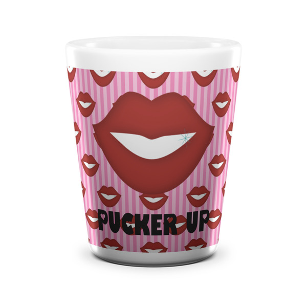 Custom Lips (Pucker Up) Ceramic Shot Glass - 1.5 oz - White - Set of 4