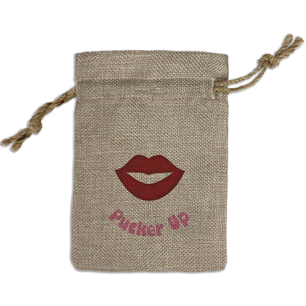 Custom Lips (Pucker Up) Small Burlap Gift Bag - Front