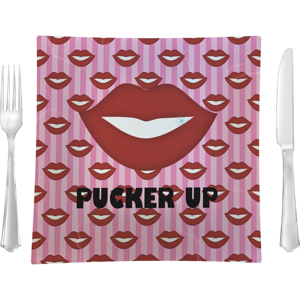 Custom Lips (Pucker Up) 9.5" Glass Square Lunch / Dinner Plate- Single or Set of 4