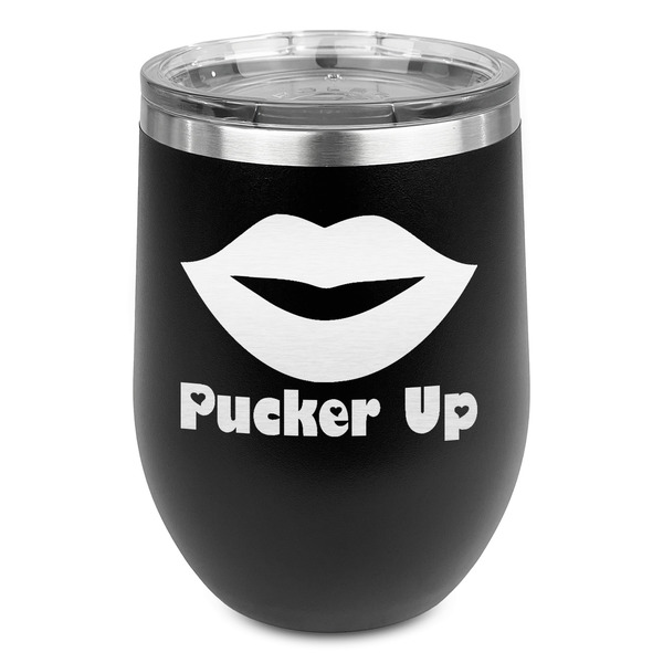 Custom Lips (Pucker Up) Stemless Stainless Steel Wine Tumbler - Black - Double Sided