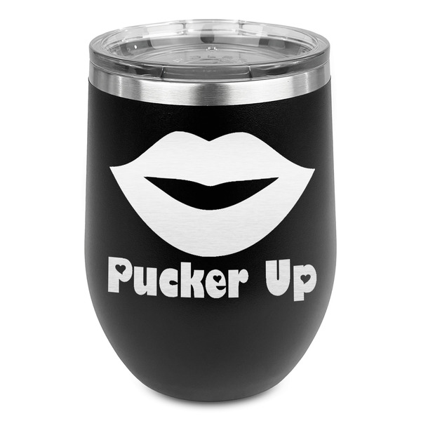 Custom Lips (Pucker Up) Stemless Stainless Steel Wine Tumbler - Black - Single Sided