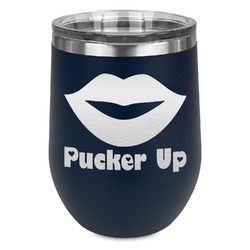 Lips (Pucker Up) Stemless Stainless Steel Wine Tumbler - Navy - Double Sided