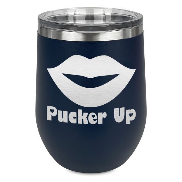 Custom Lips (Pucker Up) Stemless Stainless Steel Wine Tumbler - Navy - Single Sided