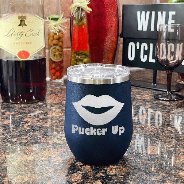 Lips (Pucker Up) Stainless Wine Tumblers - Navy - Single Sided - In Context