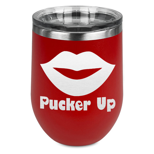 Custom Lips (Pucker Up) Stemless Stainless Steel Wine Tumbler - Red - Single Sided