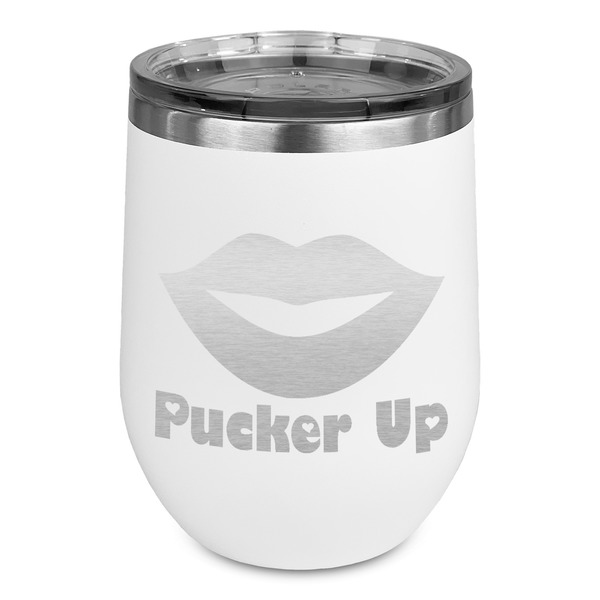 Custom Lips (Pucker Up) Stemless Stainless Steel Wine Tumbler - White - Single Sided