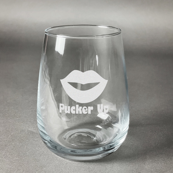 Custom Lips (Pucker Up) Stemless Wine Glass - Engraved