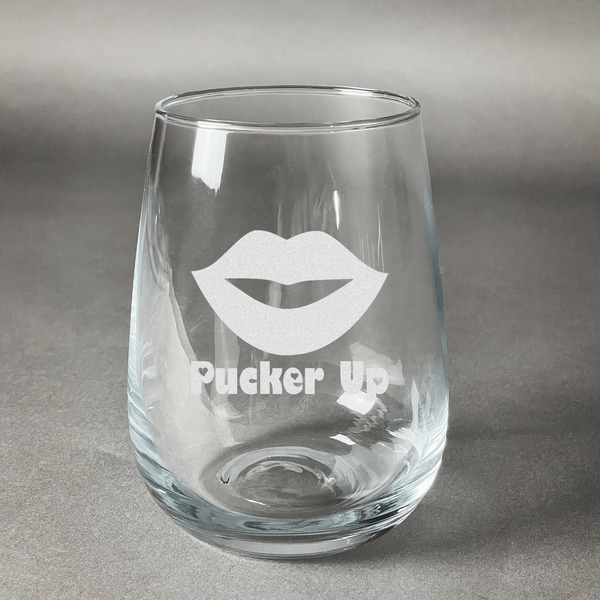 Custom Lips (Pucker Up) Stemless Wine Glass - Engraved