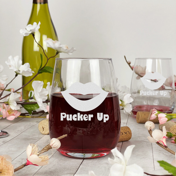 Lips (Pucker Up) Stemless Wine Glass - In Context