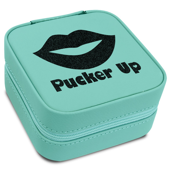 Custom Lips (Pucker Up) Travel Jewelry Box - Teal Leather