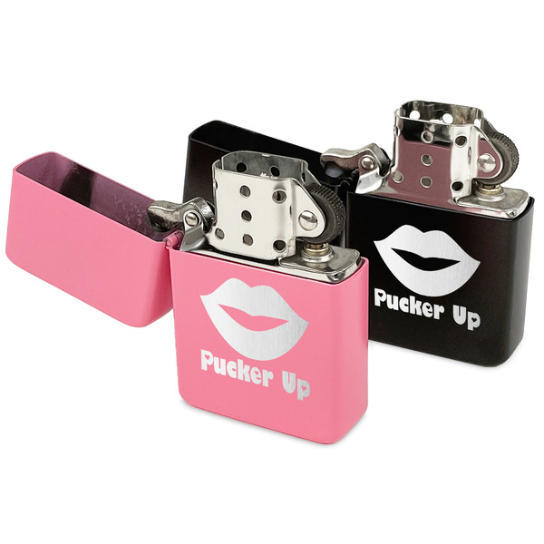Lips (Pucker Up) Windproof Lighters - Black & Pink - Open