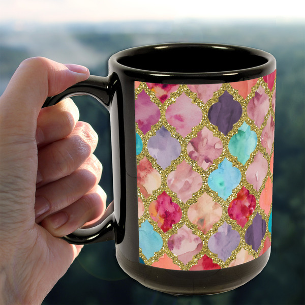 Glitter Moroccan Watercolor 15oz. Black Mug - LIFESTYLE