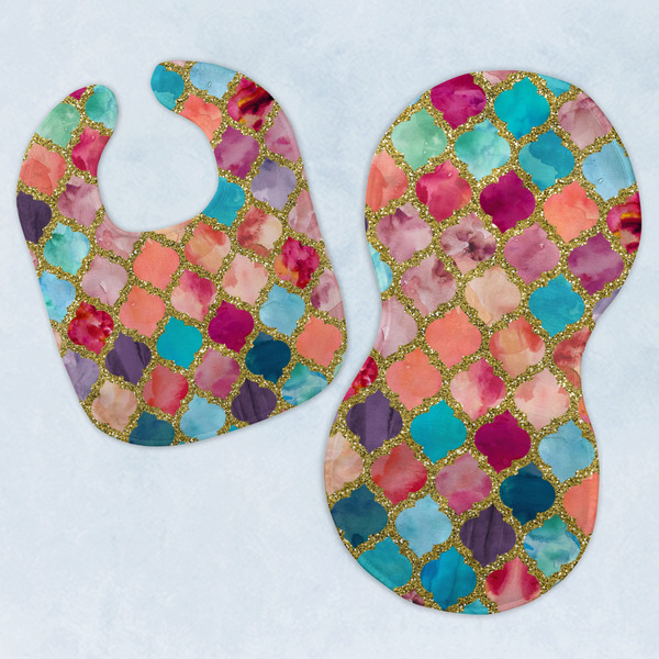 Custom Glitter Moroccan Watercolor Baby Bib & Burp Set
