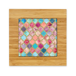 Glitter Moroccan Watercolor Bamboo Trivet with Ceramic Tile Insert