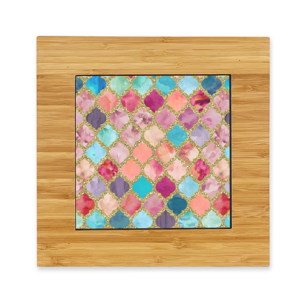 Custom Glitter Moroccan Watercolor Bamboo Trivet with Ceramic Tile Insert