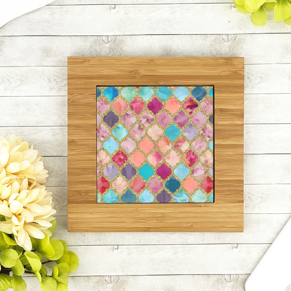Glitter Moroccan Watercolor Bamboo Trivet with 6" Tile - LIFESTYLE
