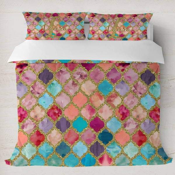 Custom Glitter Moroccan Watercolor Duvet Cover Set - King