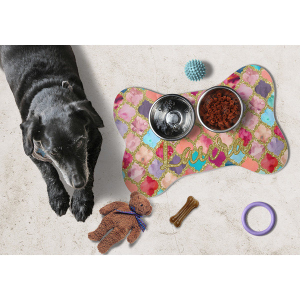 Glitter Moroccan Watercolor Bone Shaped Mat w/ Food & Water