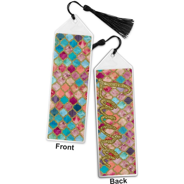Glitter Moroccan Watercolor Bookmark with tassel - Front and Back