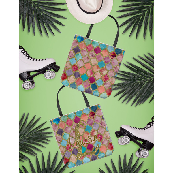 Glitter Moroccan Watercolor Canvas Tote Lifestyle Front and Back- 13x13