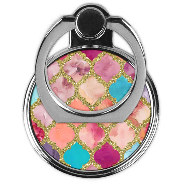 Glitter Moroccan Watercolor Cell Phone Ring Stand & Holder - Front (Collapsed)
