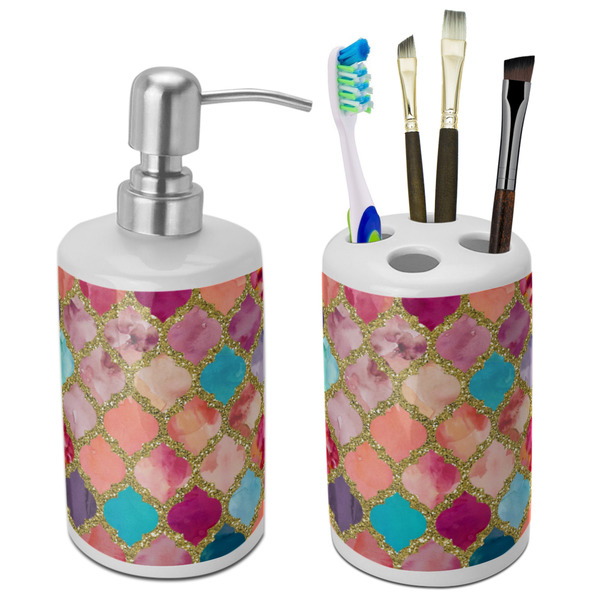 Custom Glitter Moroccan Watercolor Ceramic Bathroom Accessories Set
