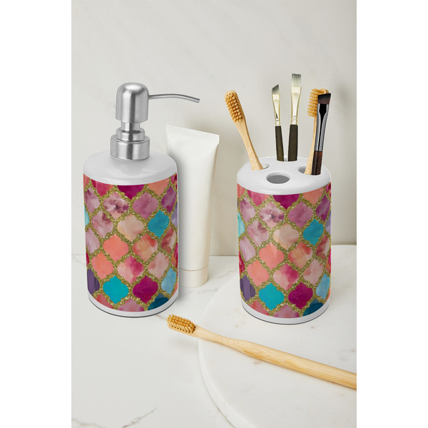 Glitter Moroccan Watercolor Ceramic Bathroom Accessories - LIFESTYLE (toothbrush holder & soap dispenser)