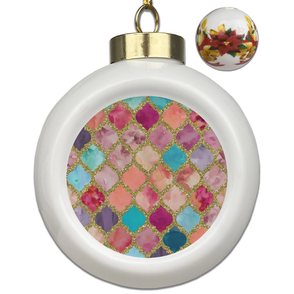 Custom Glitter Moroccan Watercolor Ceramic Ball Ornaments - Poinsettia Garland