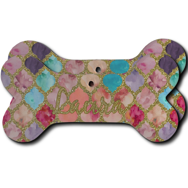 Custom Glitter Moroccan Watercolor Ceramic Dog Ornament - Front & Back