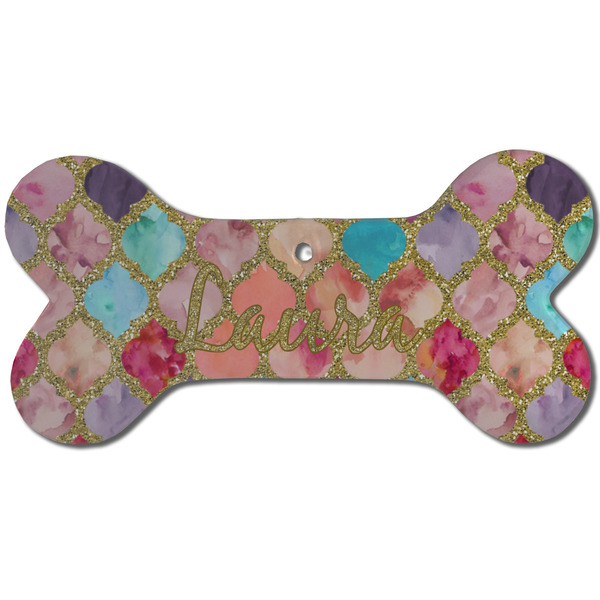 Custom Glitter Moroccan Watercolor Ceramic Dog Ornament - Front